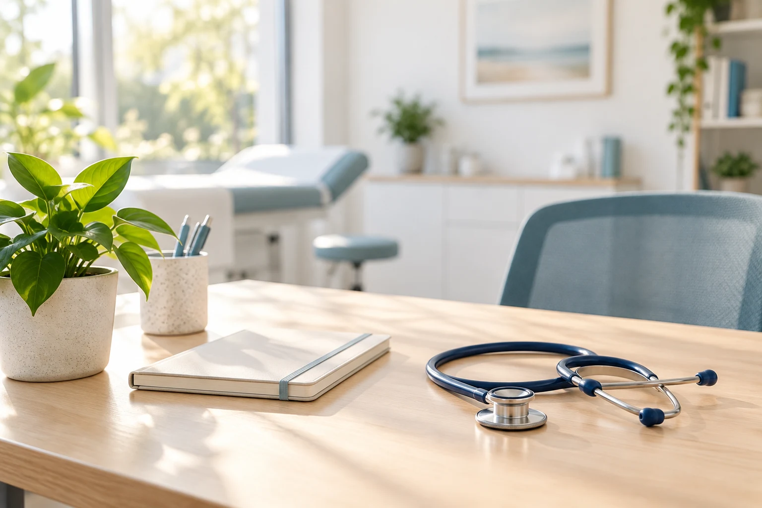 Ambiente médico ilustrativo con escritorio y estetoscopio
